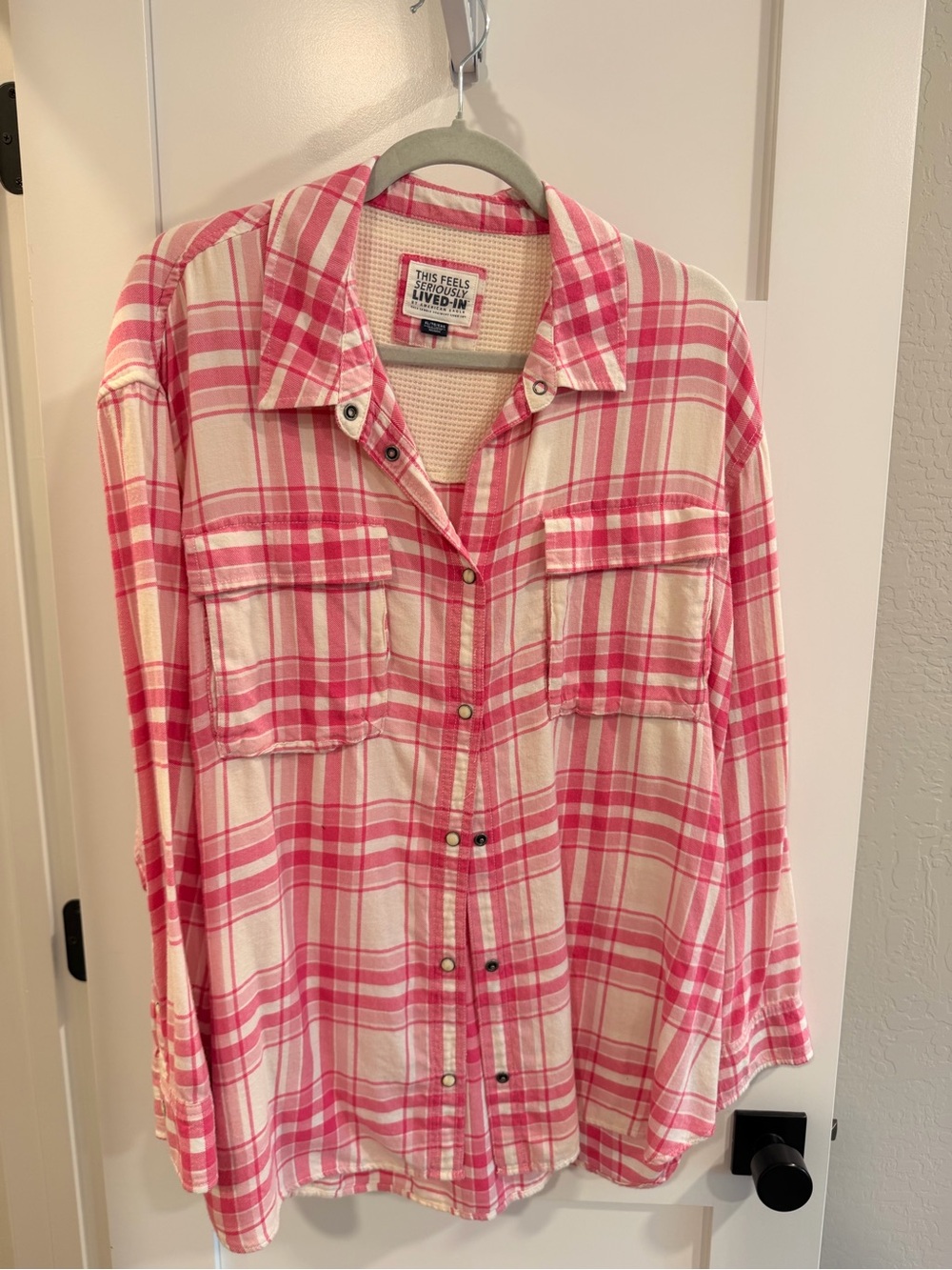 American Eagle Outfitters Pink and Cream Plaid Thermal-Lined Shirt